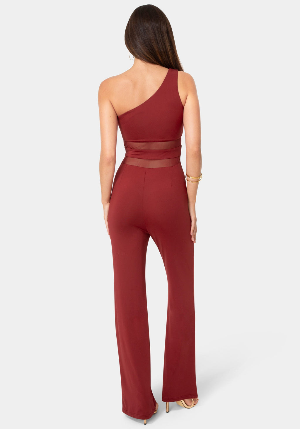 Back View-One Shoulder Jumpsuit with Mesh Waist-Wine
