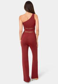 Back View-One Shoulder Jumpsuit with Mesh Waist-Wine