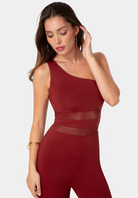 Front View-One Shoulder Jumpsuit with Mesh Waist-Wine