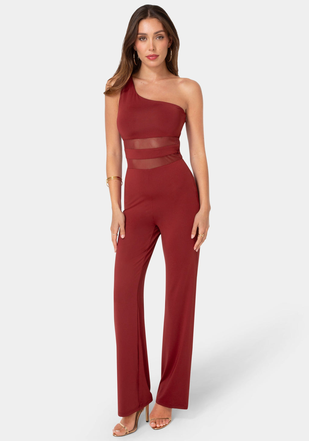 Detail View-One Shoulder Jumpsuit with Mesh Waist-Wine
