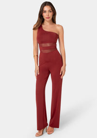 Detail View-One Shoulder Jumpsuit with Mesh Waist-Wine