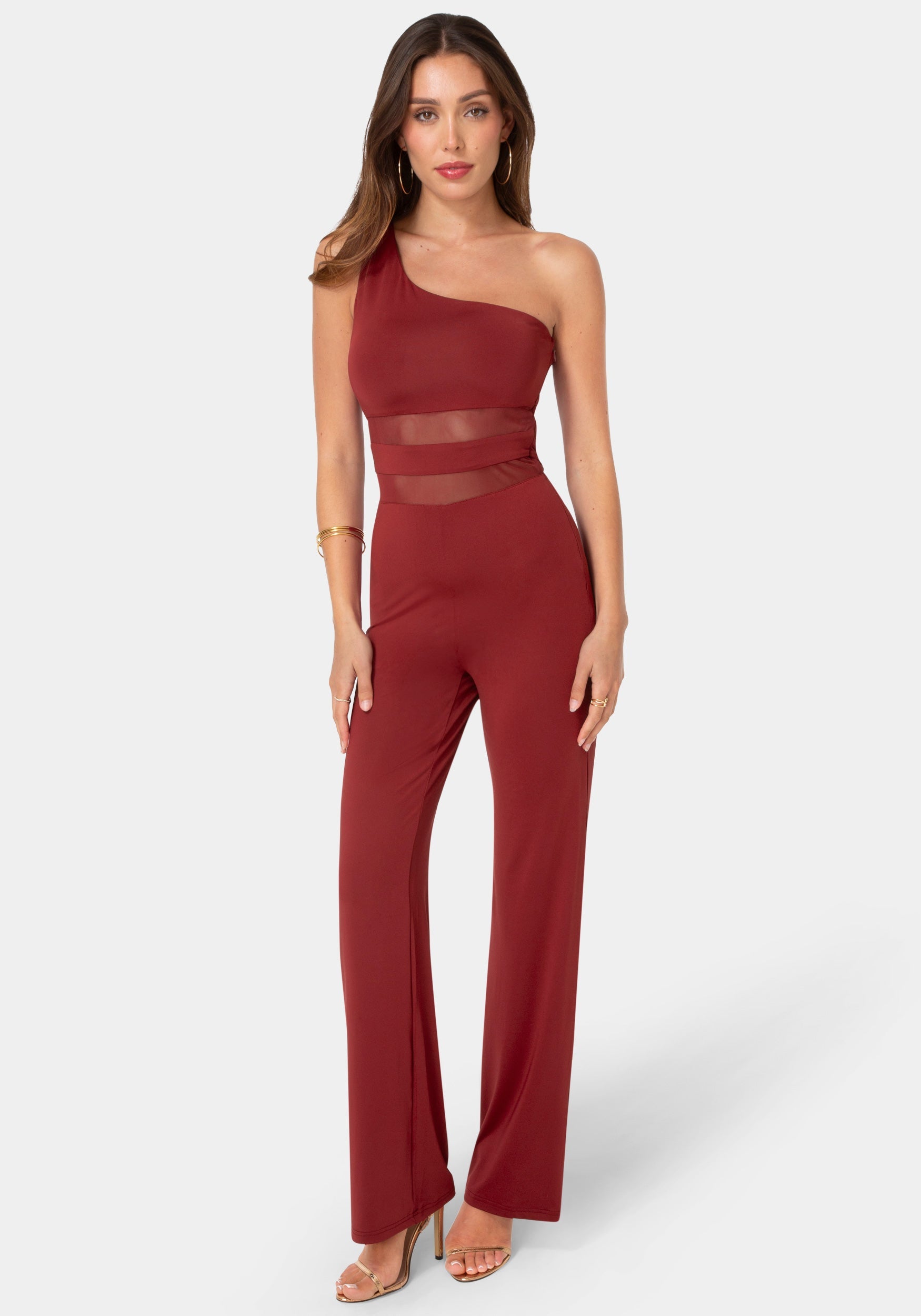 Detail View-One Shoulder Jumpsuit with Mesh Waist-Wine