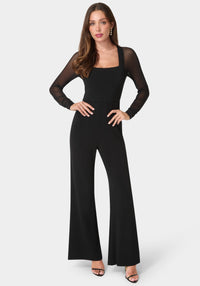 Front View-Mesh Long Sleeve Jumpsuit-Black
