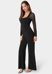 Side View-Mesh Long Sleeve Jumpsuit-Black
