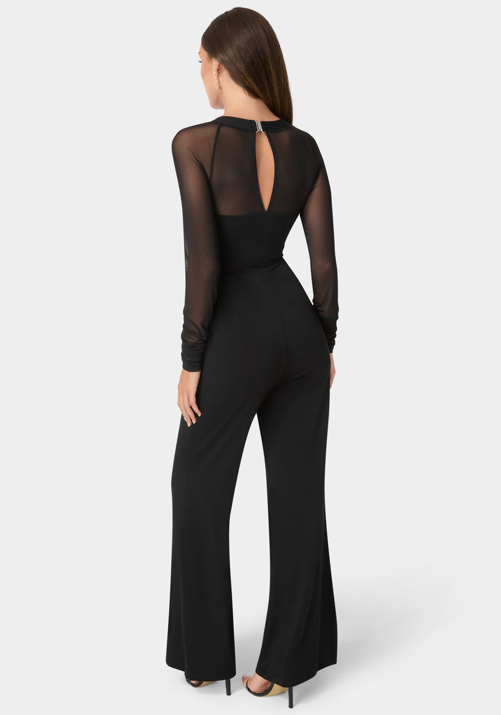 Back View-Mesh Long Sleeve Jumpsuit-Black