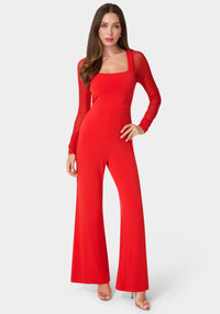 Front View-Mesh Long Sleeve Jumpsuit-Red