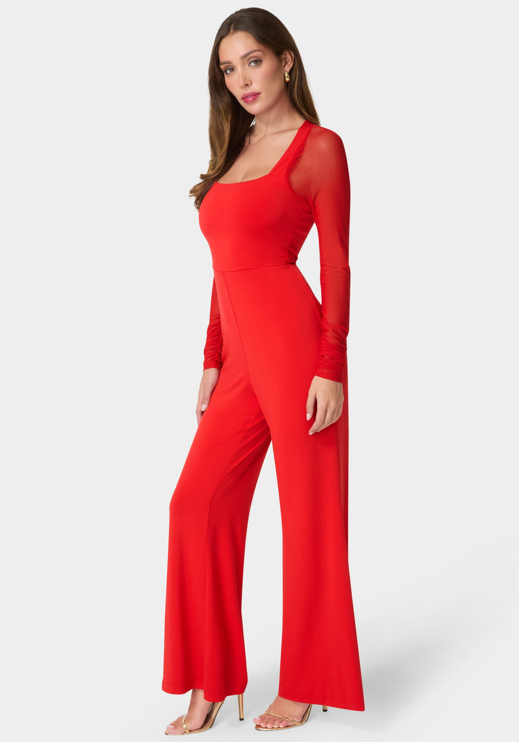 Side View-Mesh Long Sleeve Jumpsuit-Red
