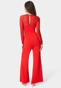 Back View-Mesh Long Sleeve Jumpsuit-Red