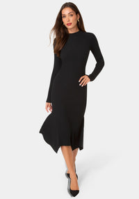 Front View-SWEATER HANKY HEM MAXI DRESS-Black