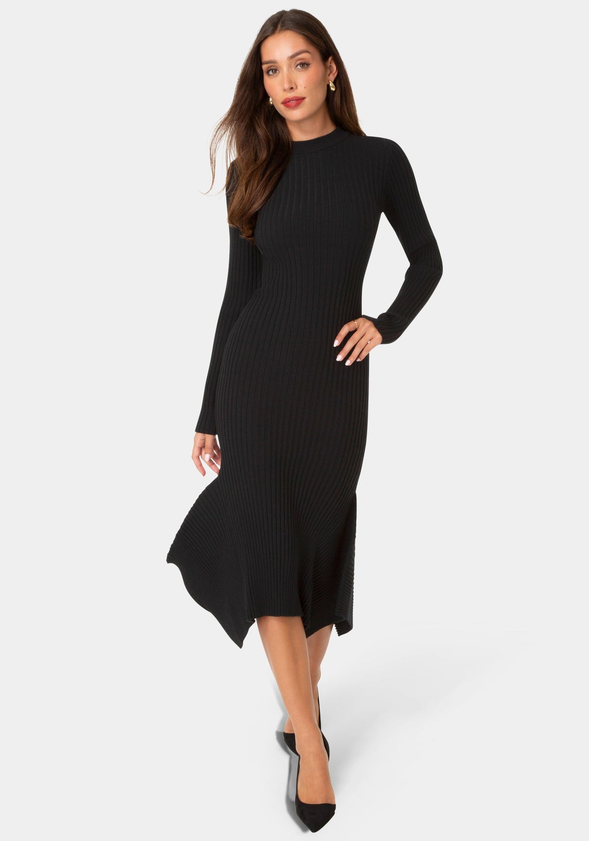 Front View-SWEATER HANKY HEM MAXI DRESS-Black