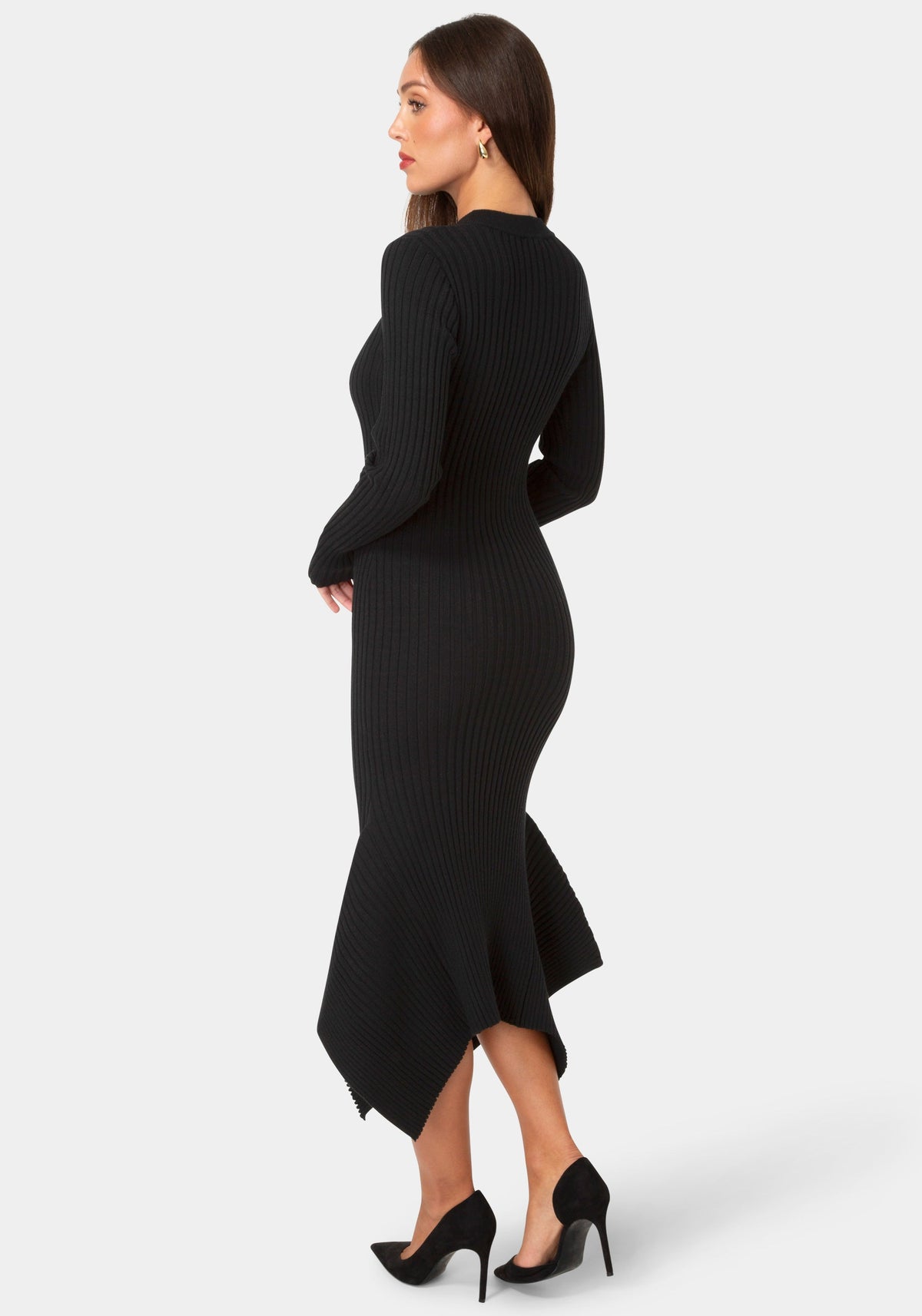 Back View-SWEATER HANKY HEM MAXI DRESS-Black