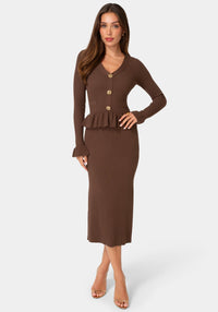 Front View-SWEATER PEPLUM LONG SLEEVE MIDI DRESS-Chocolate
