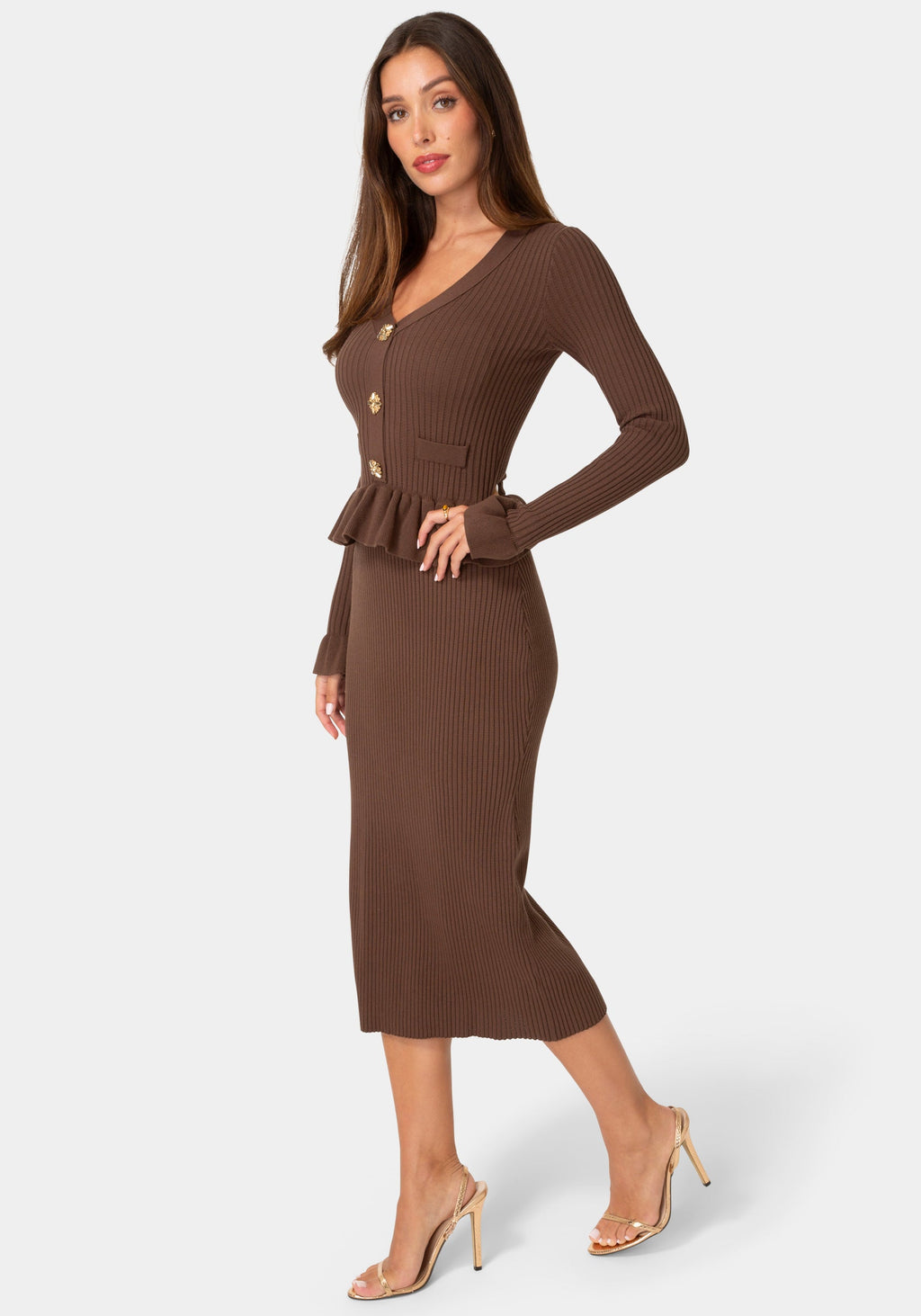 Side View-SWEATER PEPLUM LONG SLEEVE MIDI DRESS-Chocolate