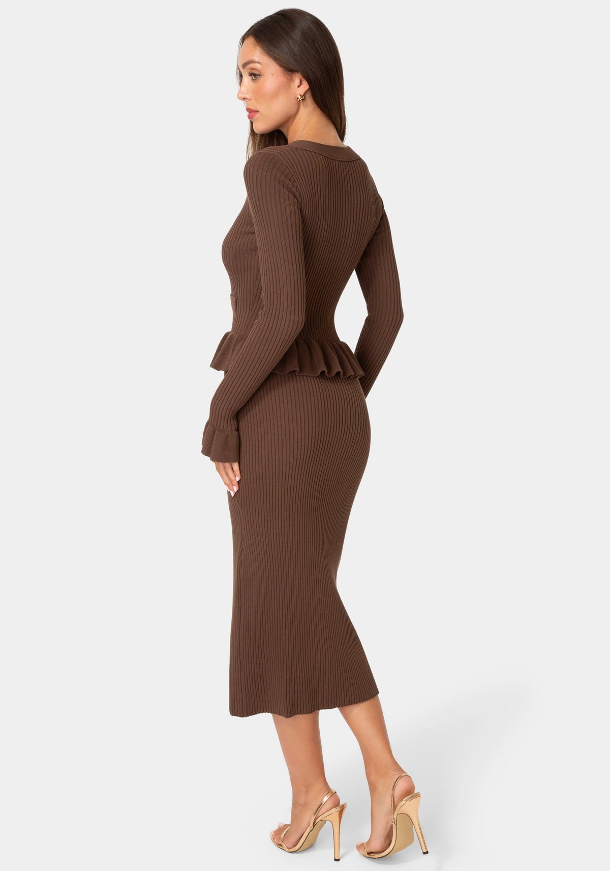 Back View-SWEATER PEPLUM LONG SLEEVE MIDI DRESS-Chocolate