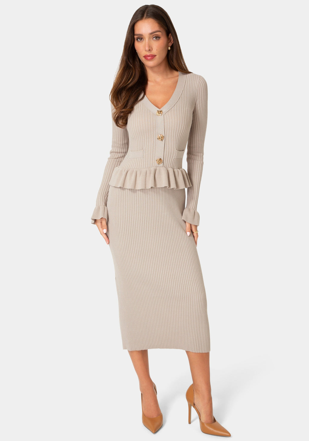 Front View-SWEATER PEPLUM LONG SLEEVE MIDI DRESS-Mushroom