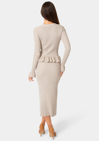 Back View-SWEATER PEPLUM LONG SLEEVE MIDI DRESS-Mushroom