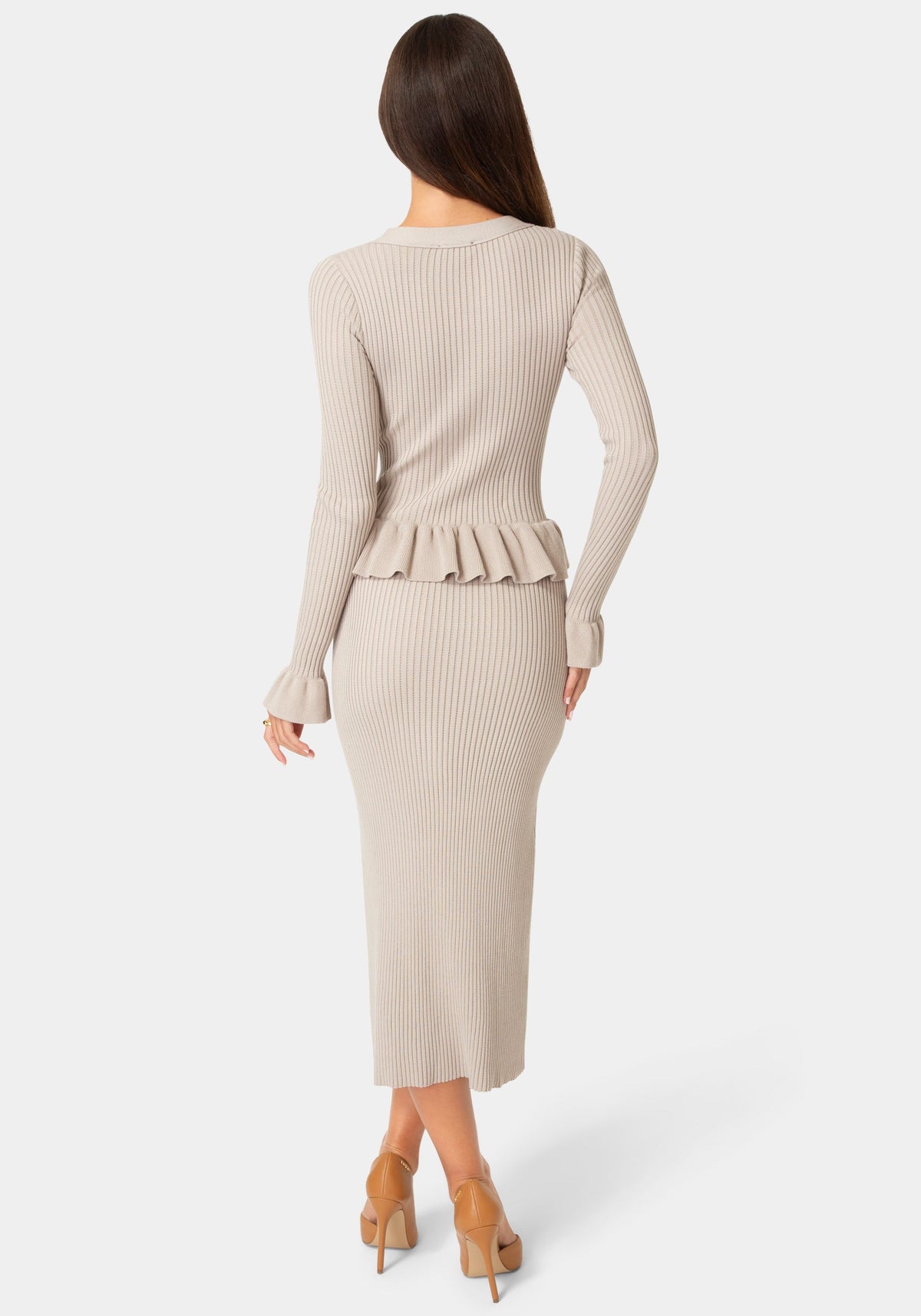 Back View-SWEATER PEPLUM LONG SLEEVE MIDI DRESS-Mushroom
