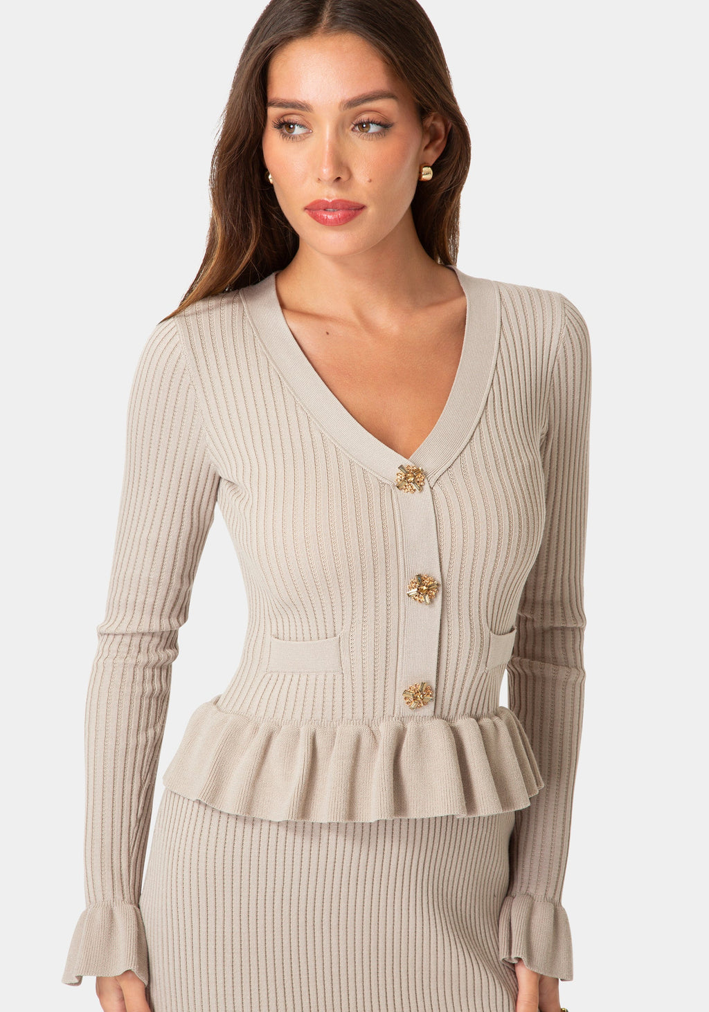 Other View-SWEATER PEPLUM LONG SLEEVE MIDI DRESS-Mushroom