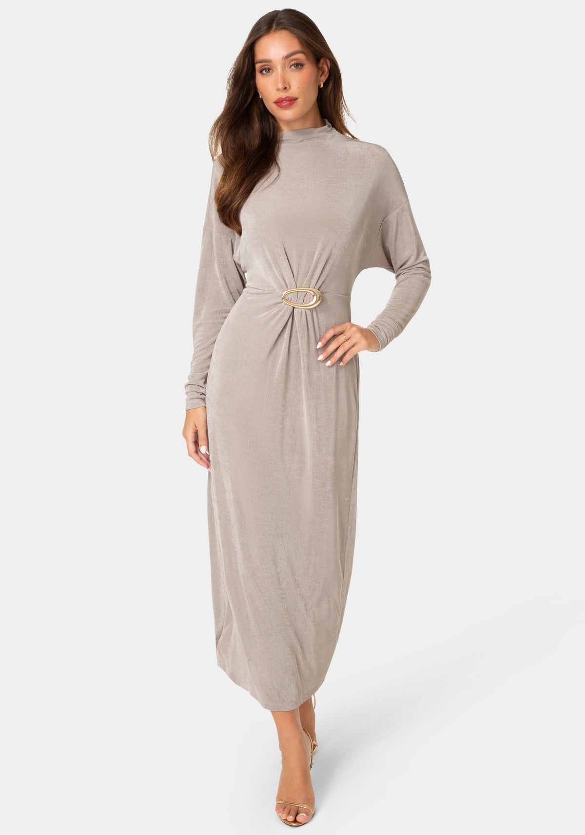 Front View-MOCK NECK LONG SLEEVE DRESS WITH BELT-Mushroom
