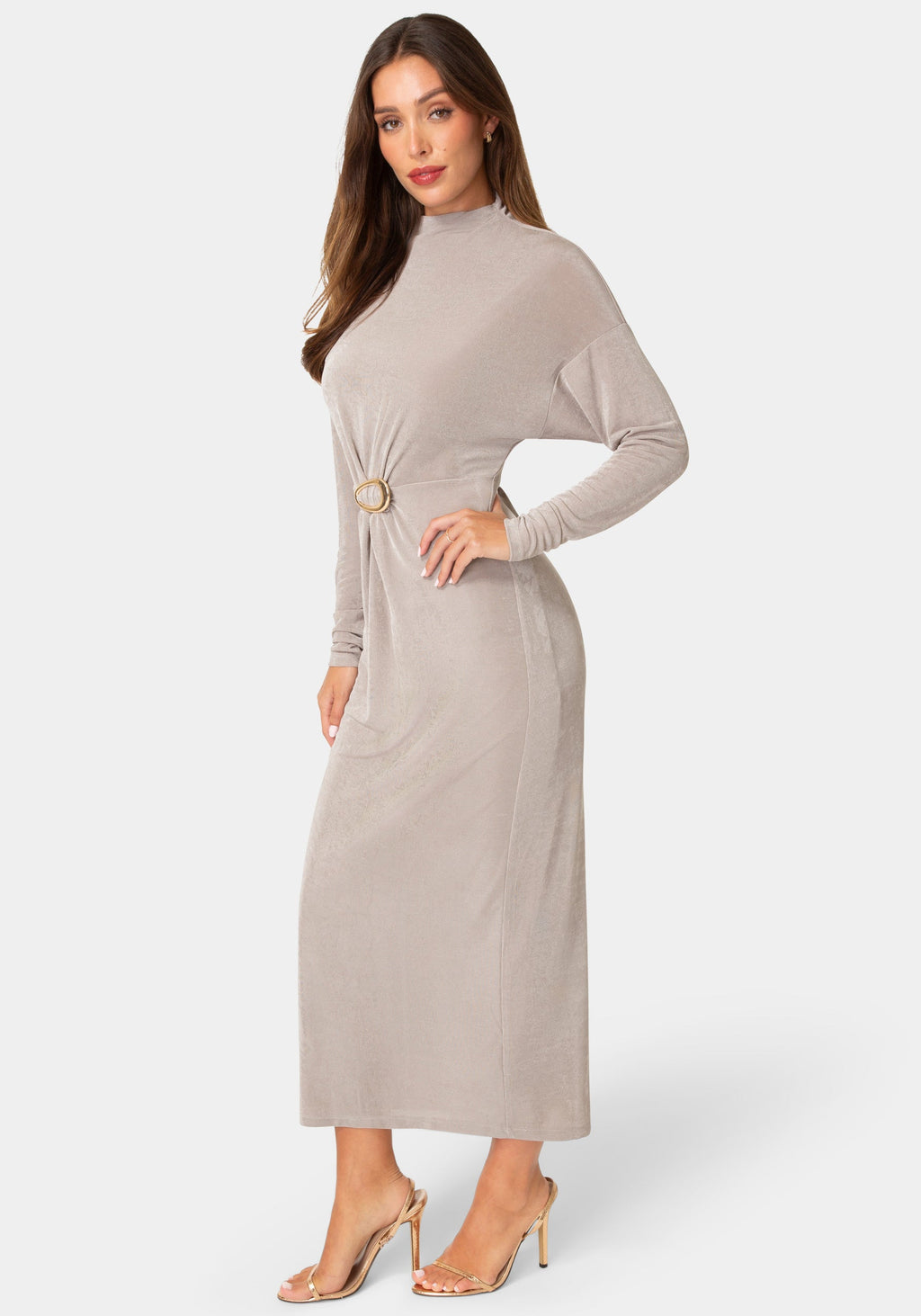 Side View-MOCK NECK LONG SLEEVE DRESS WITH BELT-Mushroom