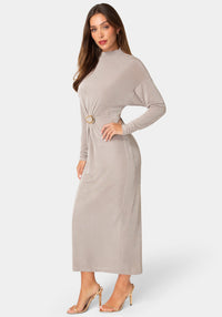 Side View-MOCK NECK LONG SLEEVE DRESS WITH BELT-Mushroom