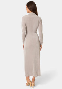 Back View-MOCK NECK LONG SLEEVE DRESS WITH BELT-Mushroom