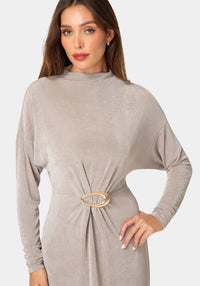 Other View-MOCK NECK LONG SLEEVE DRESS WITH BELT-Mushroom