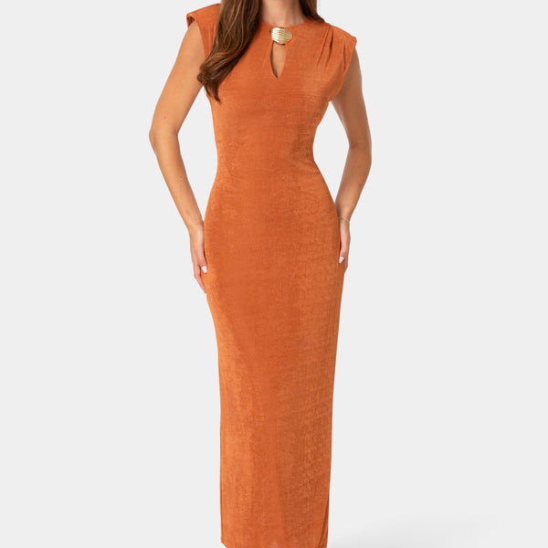 Front View-KEYHOLE LONG SLEEVE MAXI DRESS-Copper