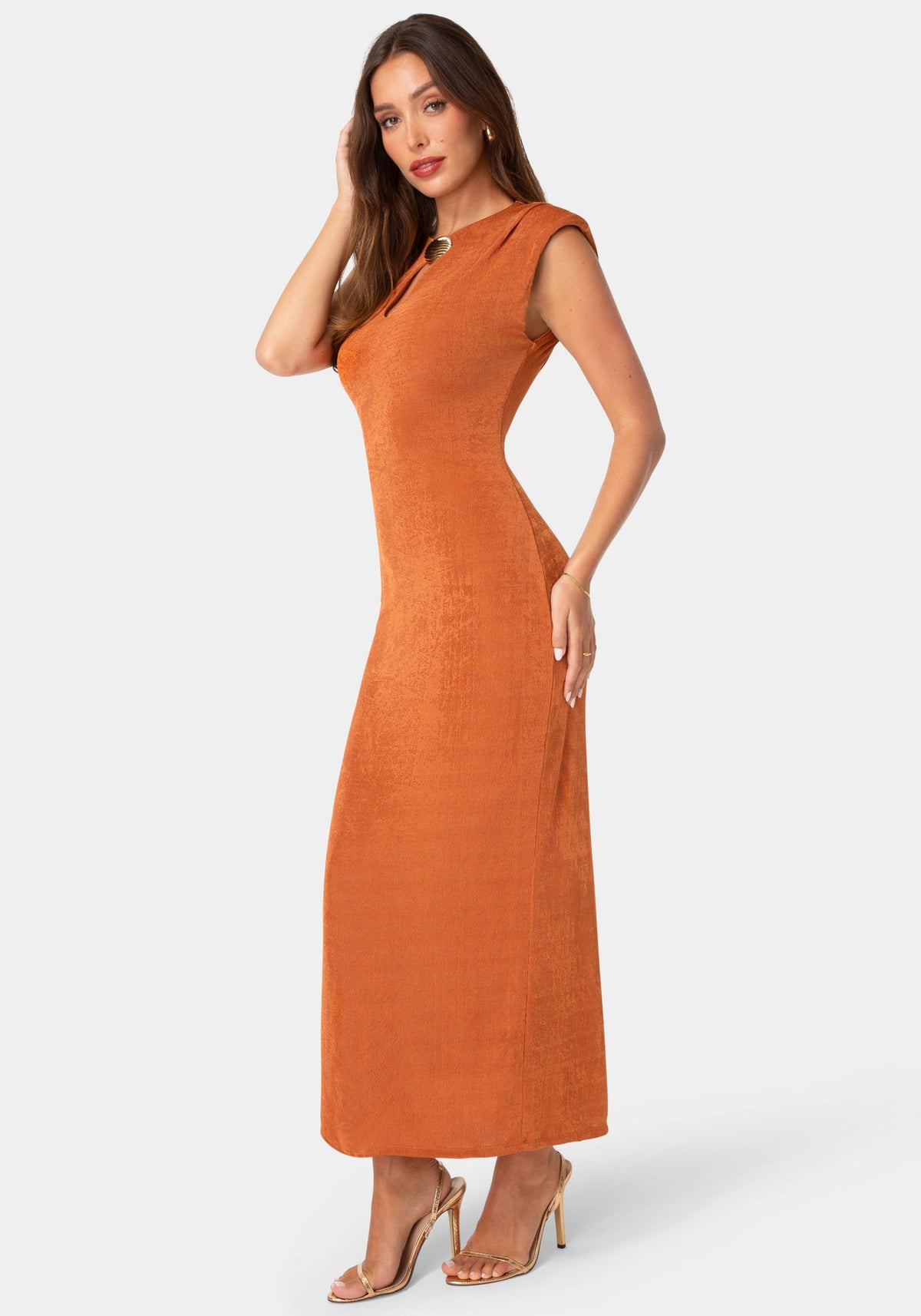Side View-KEYHOLE LONG SLEEVE MAXI DRESS-Copper