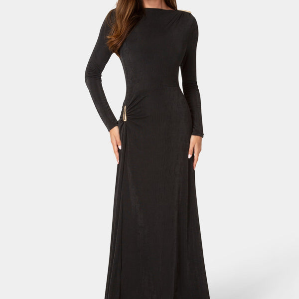 Front View-DRAPE LONG SLEEVE MAXI DRESS WITH BELT-Black