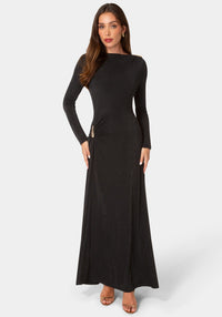 Front View-DRAPE LONG SLEEVE MAXI DRESS WITH BELT-Black