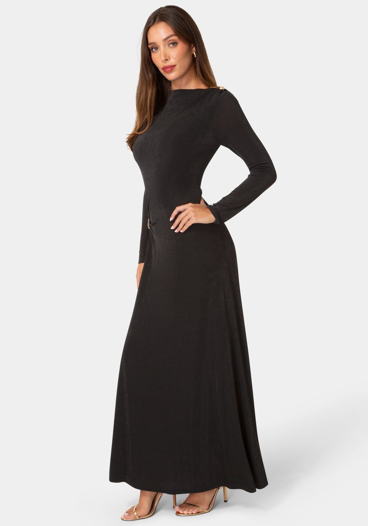 Side View-DRAPE LONG SLEEVE MAXI DRESS WITH BELT-Black