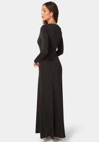 Back View-DRAPE LONG SLEEVE MAXI DRESS WITH BELT-Black