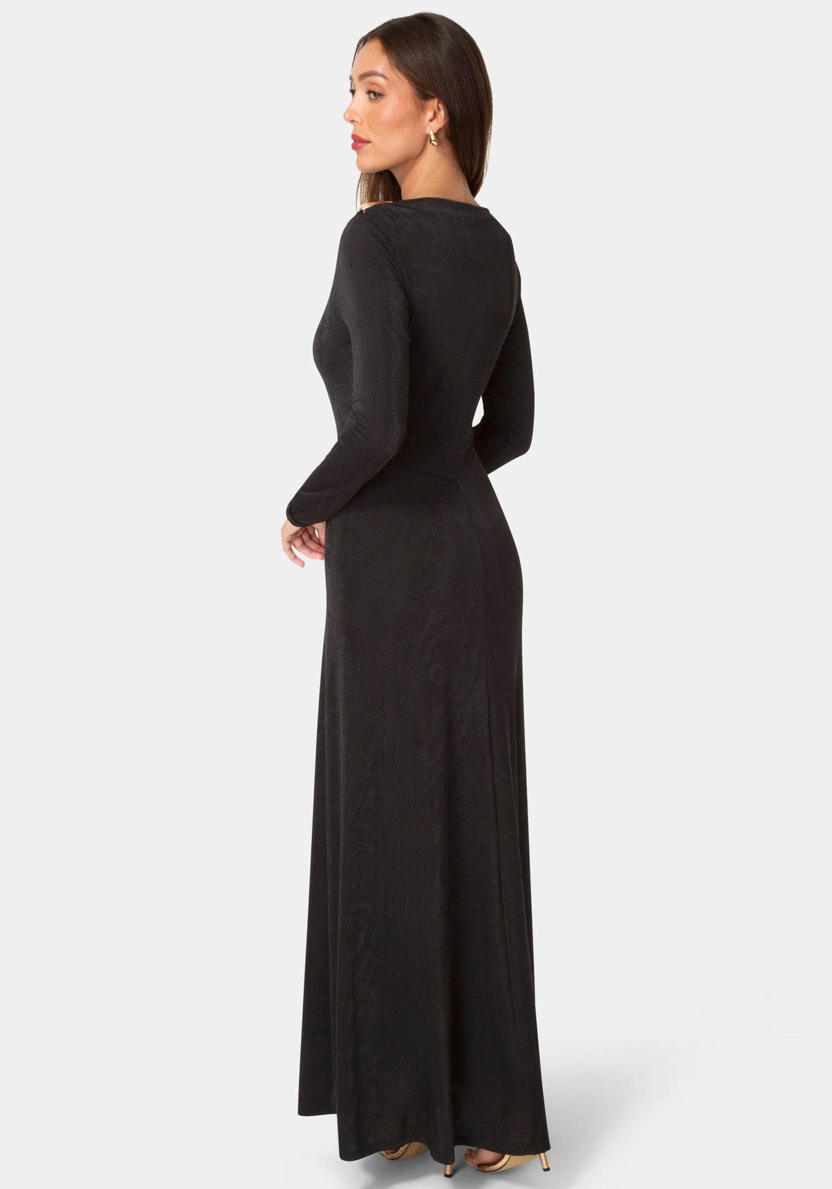 Back View-DRAPE LONG SLEEVE MAXI DRESS WITH BELT-Black