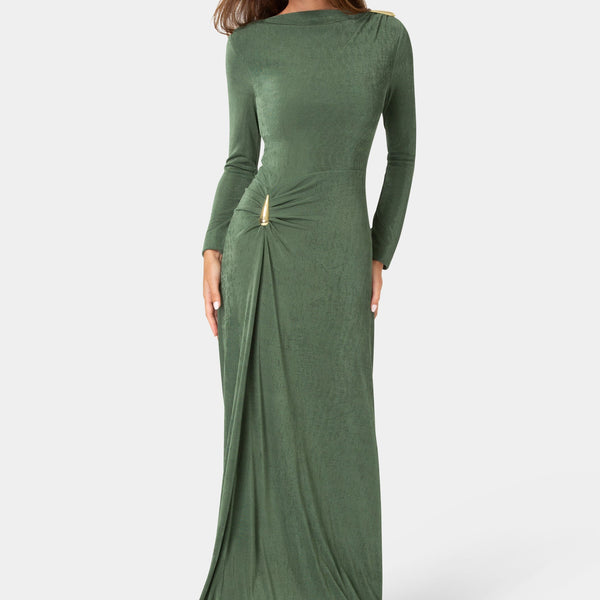 Front View-DRAPE LONG SLEEVE MAXI DRESS WITH BELT-Emerald