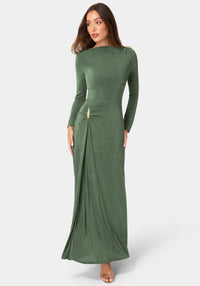 Front View-DRAPE LONG SLEEVE MAXI DRESS WITH BELT-Emerald