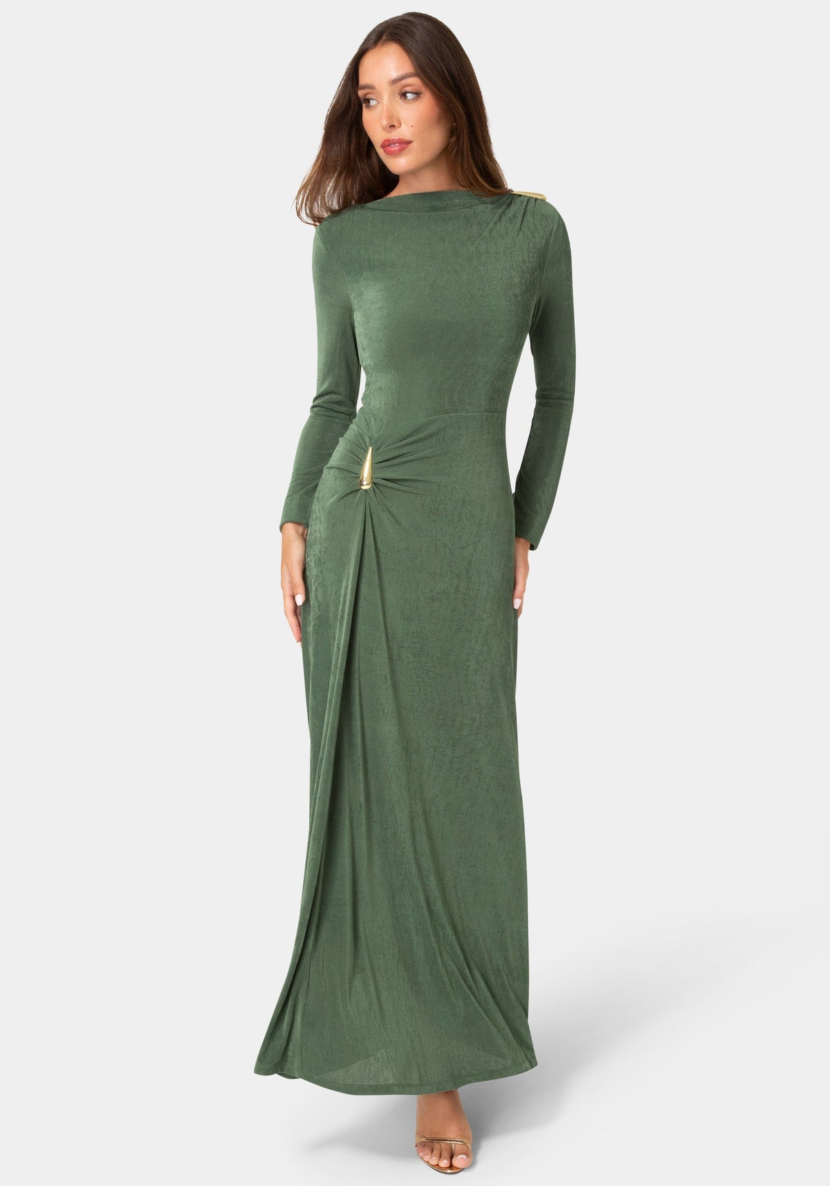 Front View-DRAPE LONG SLEEVE MAXI DRESS WITH BELT-Emerald