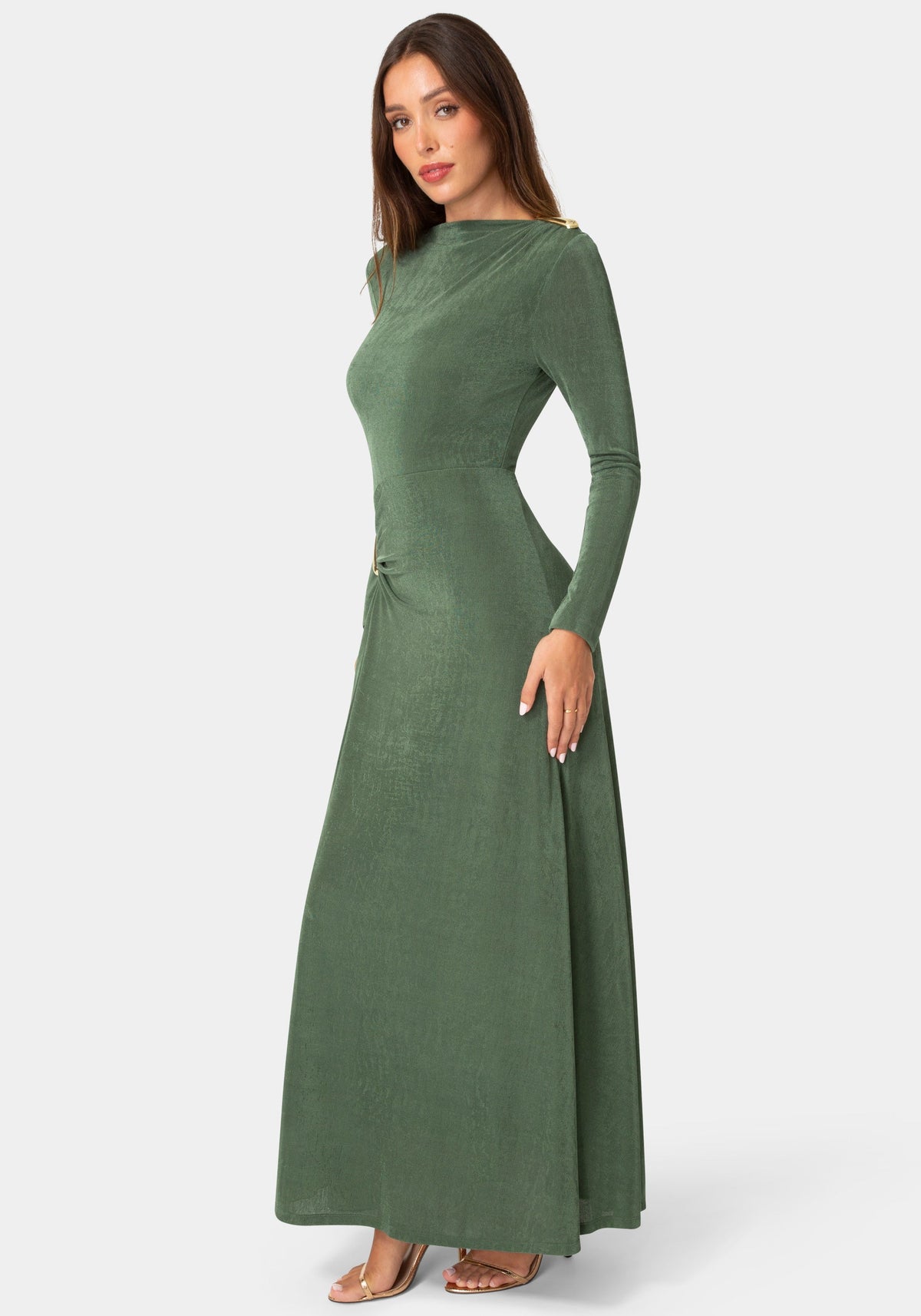 Side View-DRAPE LONG SLEEVE MAXI DRESS WITH BELT-Emerald