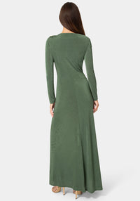 Back View-DRAPE LONG SLEEVE MAXI DRESS WITH BELT-Emerald