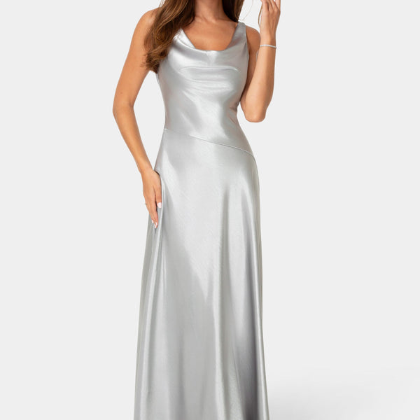Front View-Satin Cowl Flare Dress with Tie Back-Silver