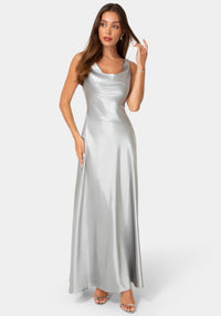 Front View-Satin Cowl Flare Dress with Tie Back-Silver