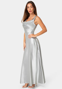 Side View-Satin Cowl Flare Dress with Tie Back-Silver