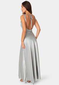 Back View-Satin Cowl Flare Dress with Tie Back-Silver