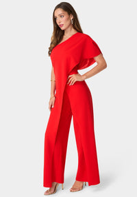 Side View-One Shoulder Cape Jumpsuit-Red
