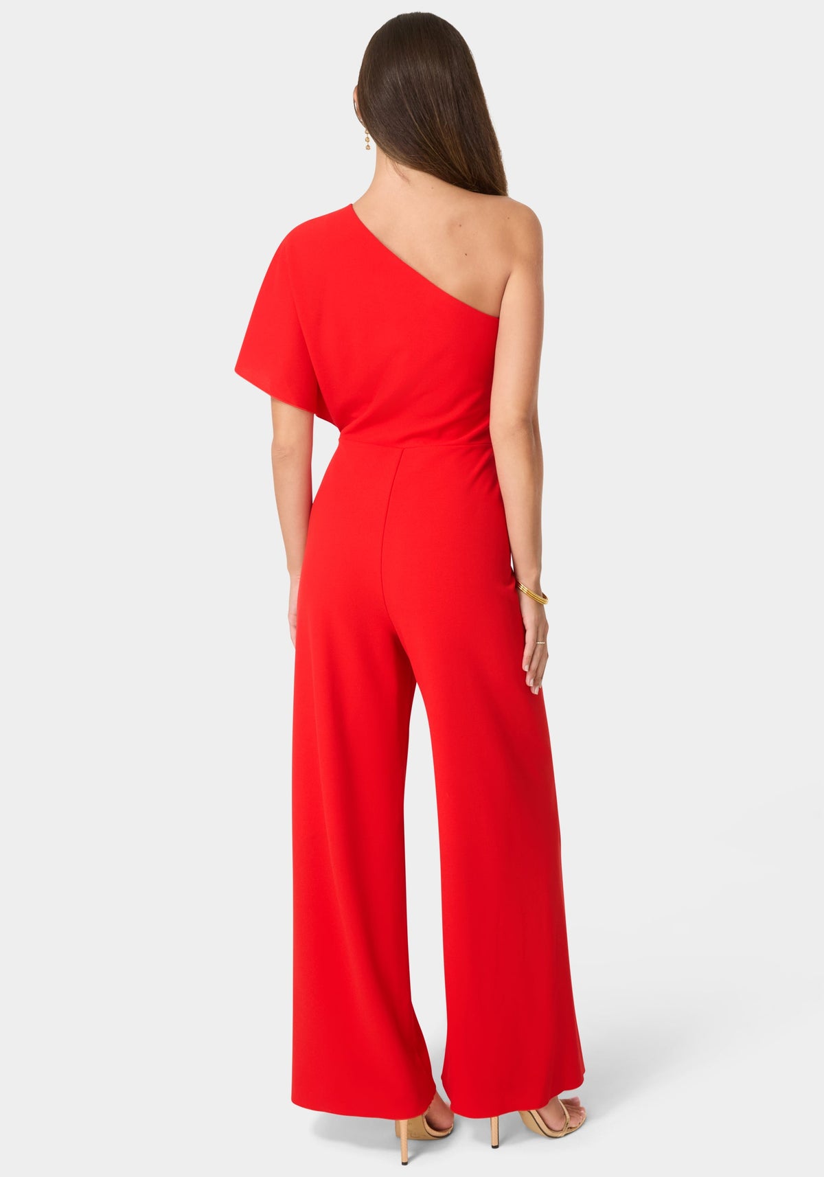 Back View-One Shoulder Cape Jumpsuit-Red