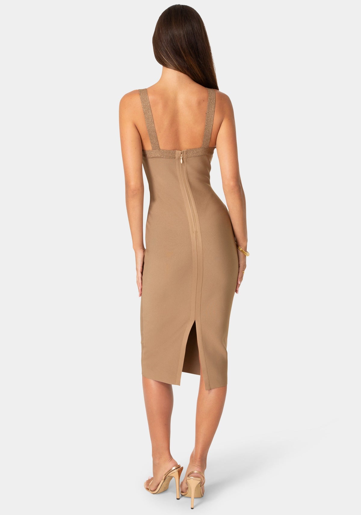 Back View-LUREX BANDAGE TANK MIDI DRESS-Taupe