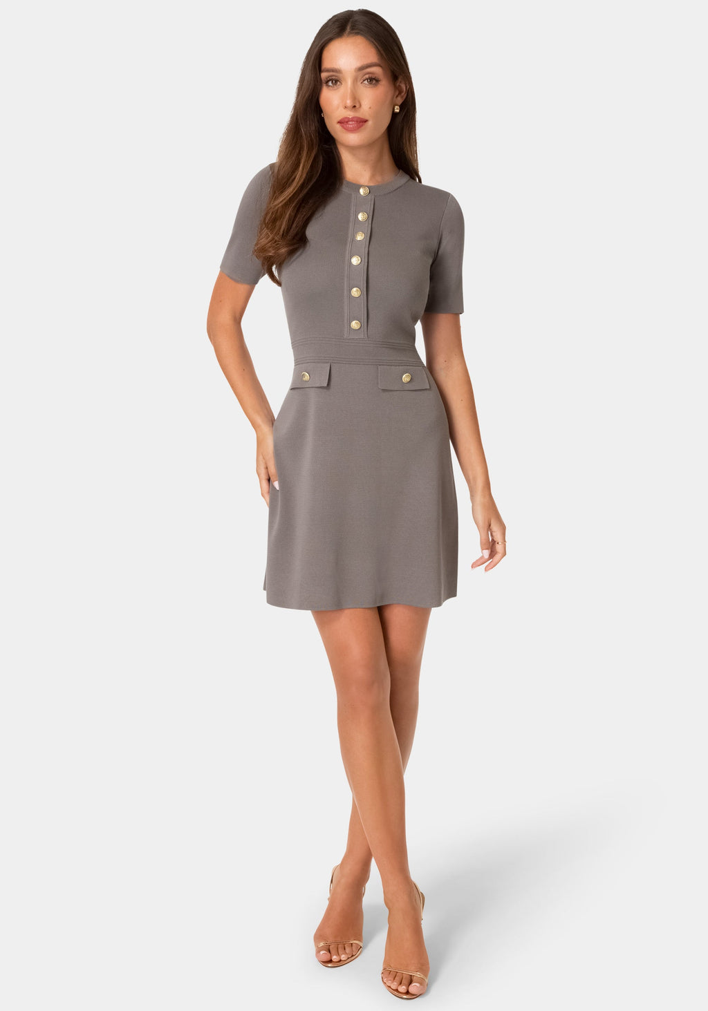 Front View-BUTTON DOWN SHORT SLEEVE DRESS-CHARCOAL