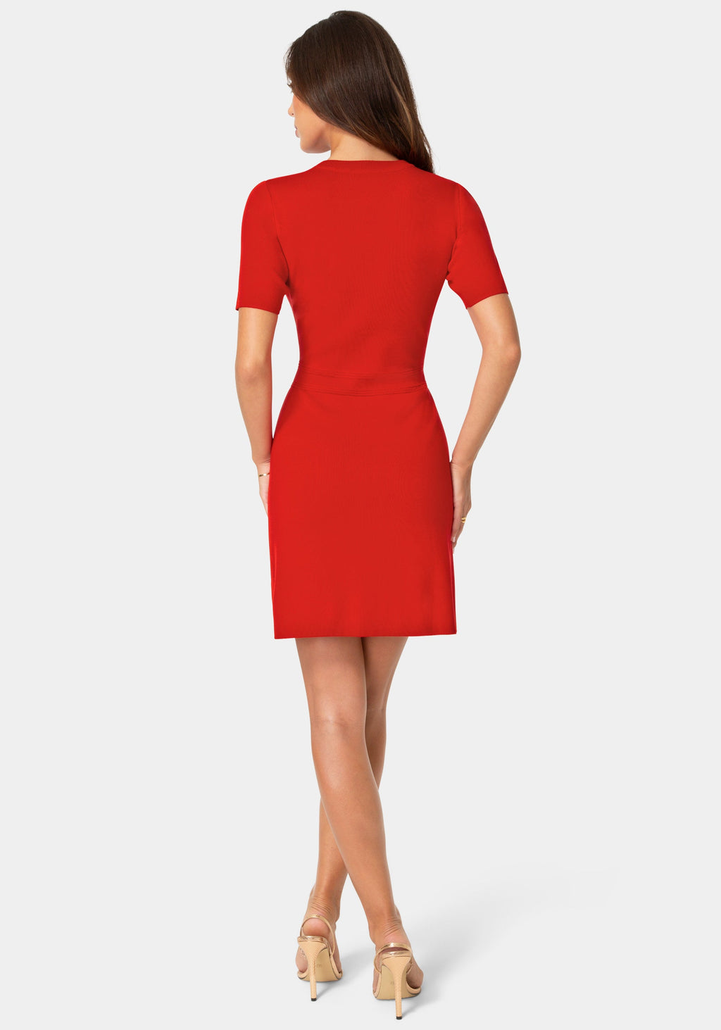 Back View-BUTTON DOWN SHORT SLEEVE DRESS-RED