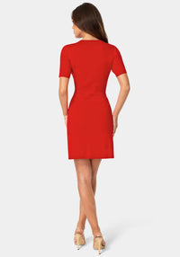 Back View-BUTTON DOWN SHORT SLEEVE DRESS-RED