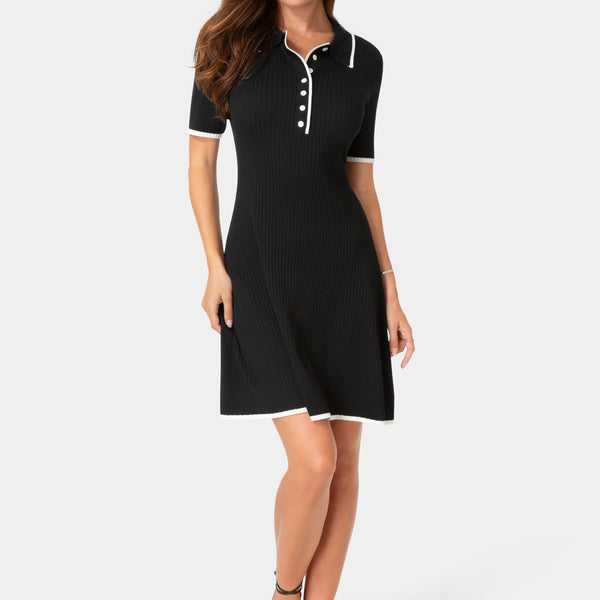Front View-Color Block Sweater Short Sleeve Dress-Black White